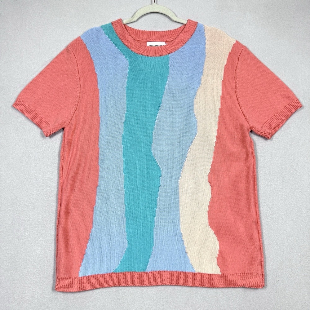 OXKnitStore Sweater Mens Large Retro Colorblock Abstract Knit Crew Neck Colorful